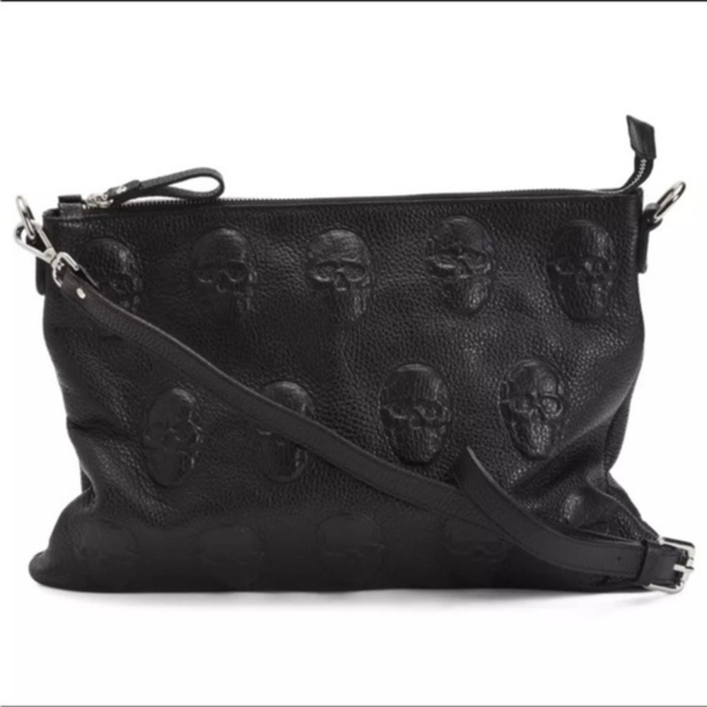 IO Pelle Italian Leather Skull Embossed Crossbody Bag Black NWT